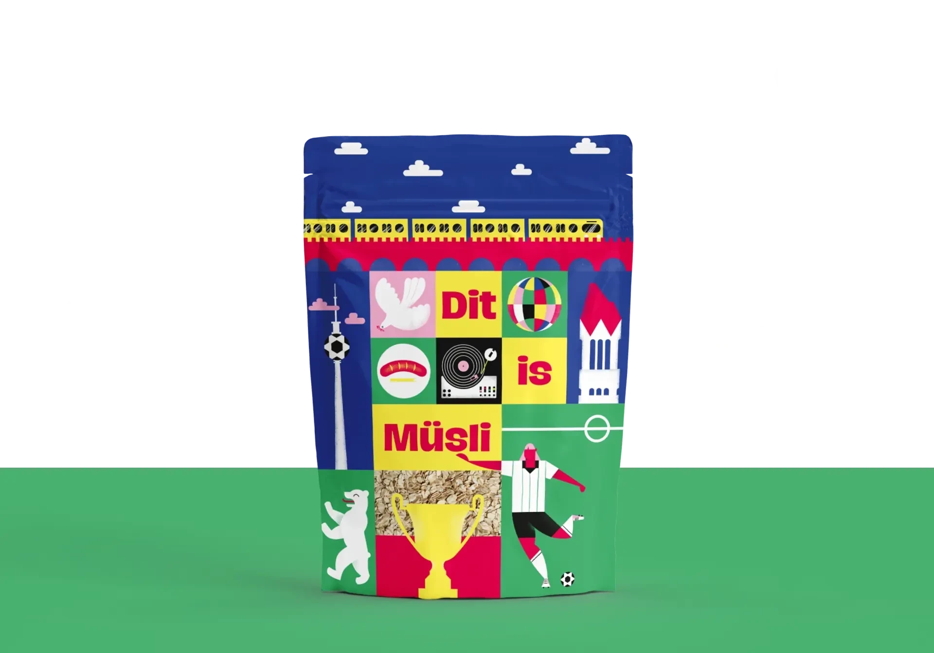 The packaging of “Dit is Müsli” features vibrant Berlin illustrations in squares and rectangles in primary colors like red, blue, yellow, and green.